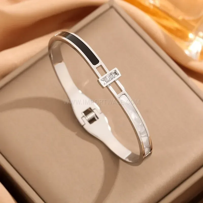 Chic Zircon Mother of Pearl Titanium Steel Bangle
