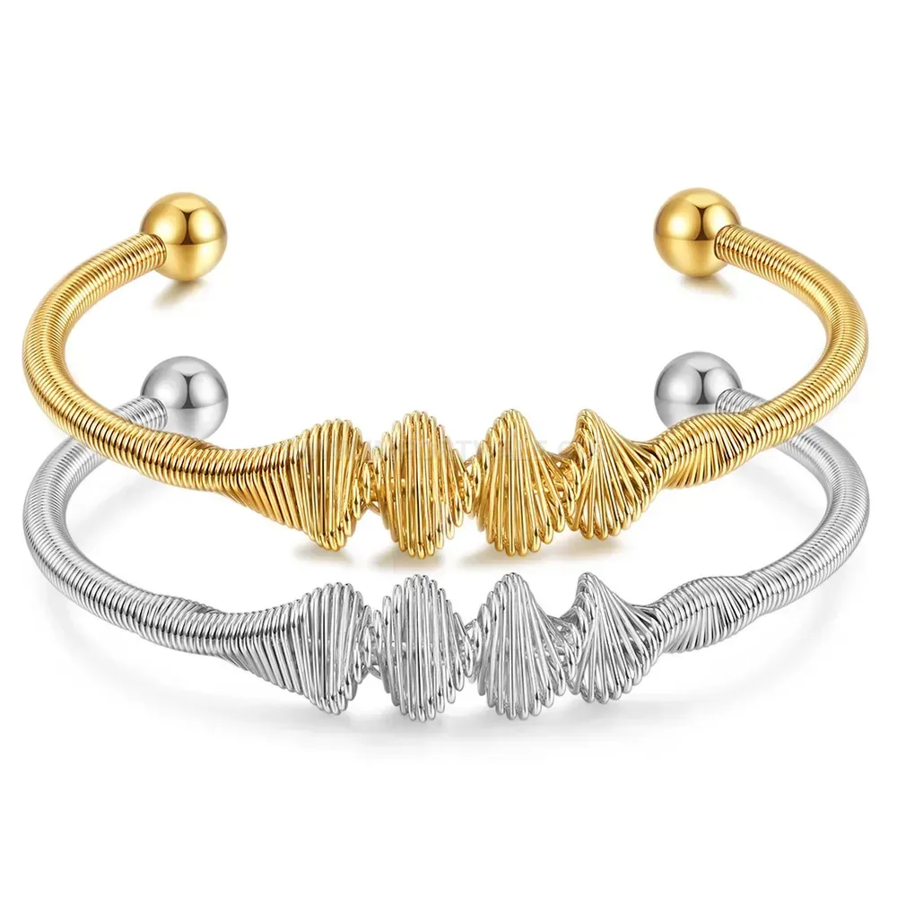 Fashion Textured Thread Open Cuff Stainless Steel Bangle