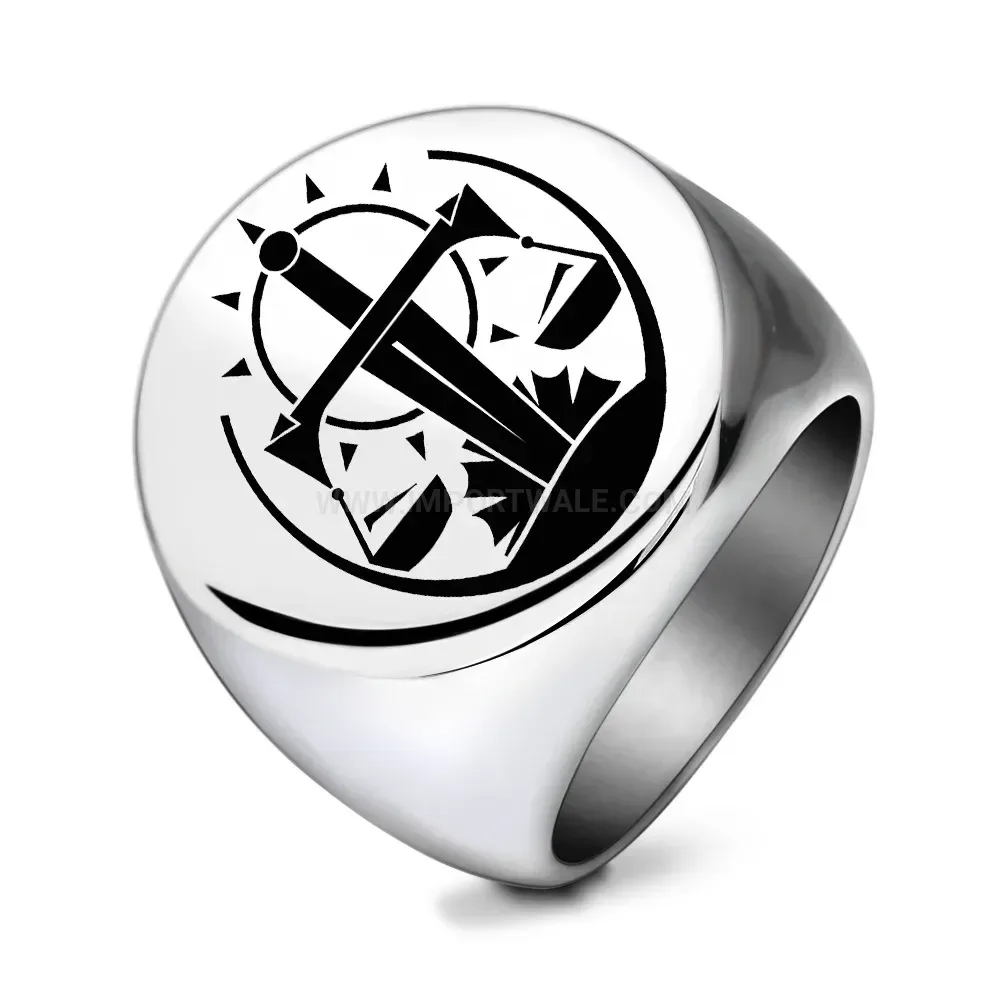 Bold Engraved Stainless Steel Sun and Scales Signet Ring