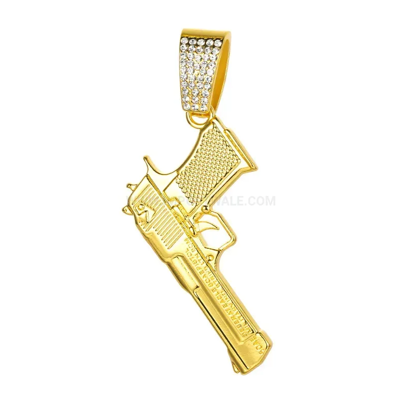 Premium Iced Out Pistol Pendant Zinc Alloy Cuban Link Hip Hop Necklace