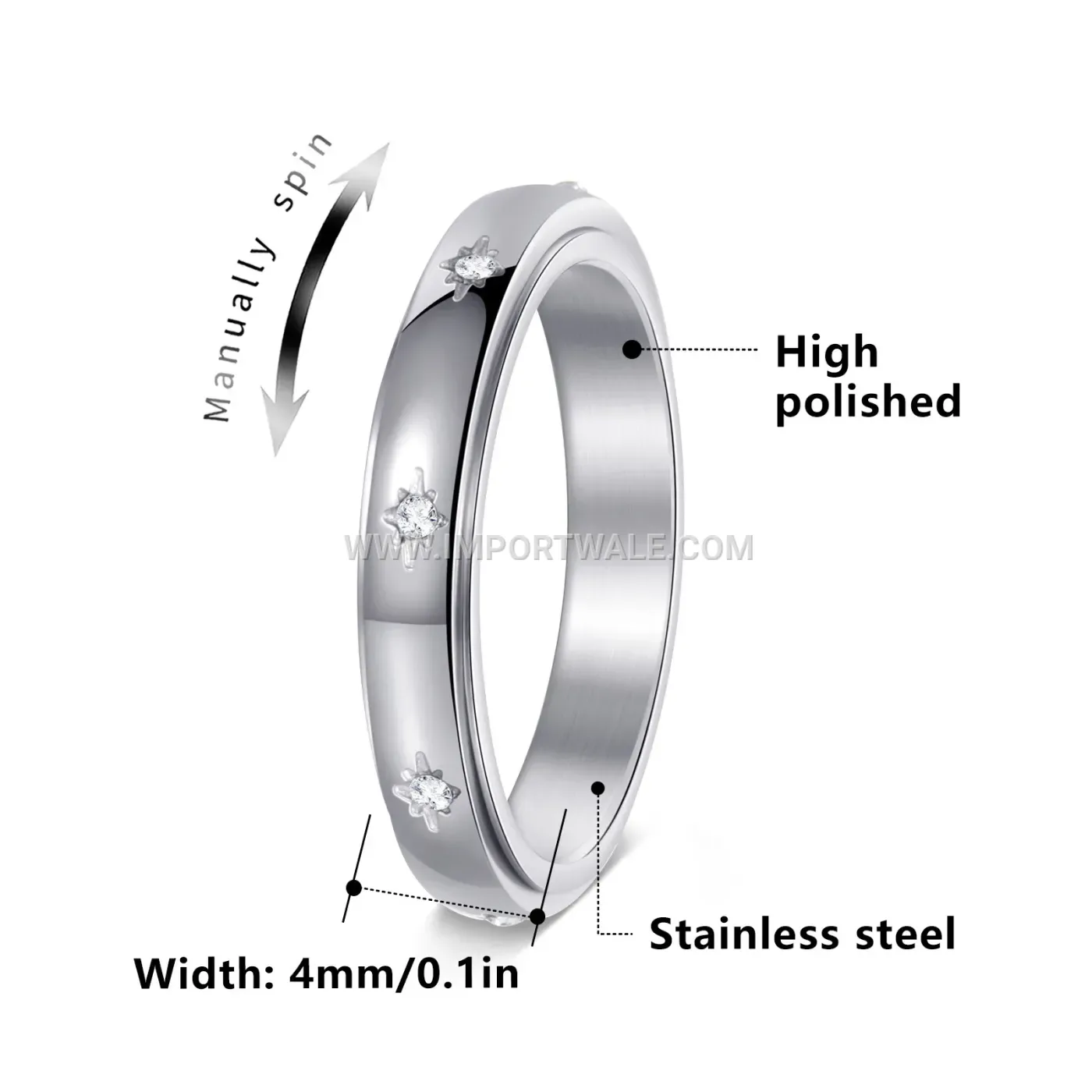 Rotating Zircon Stainless Steel Minimalist Band Ring