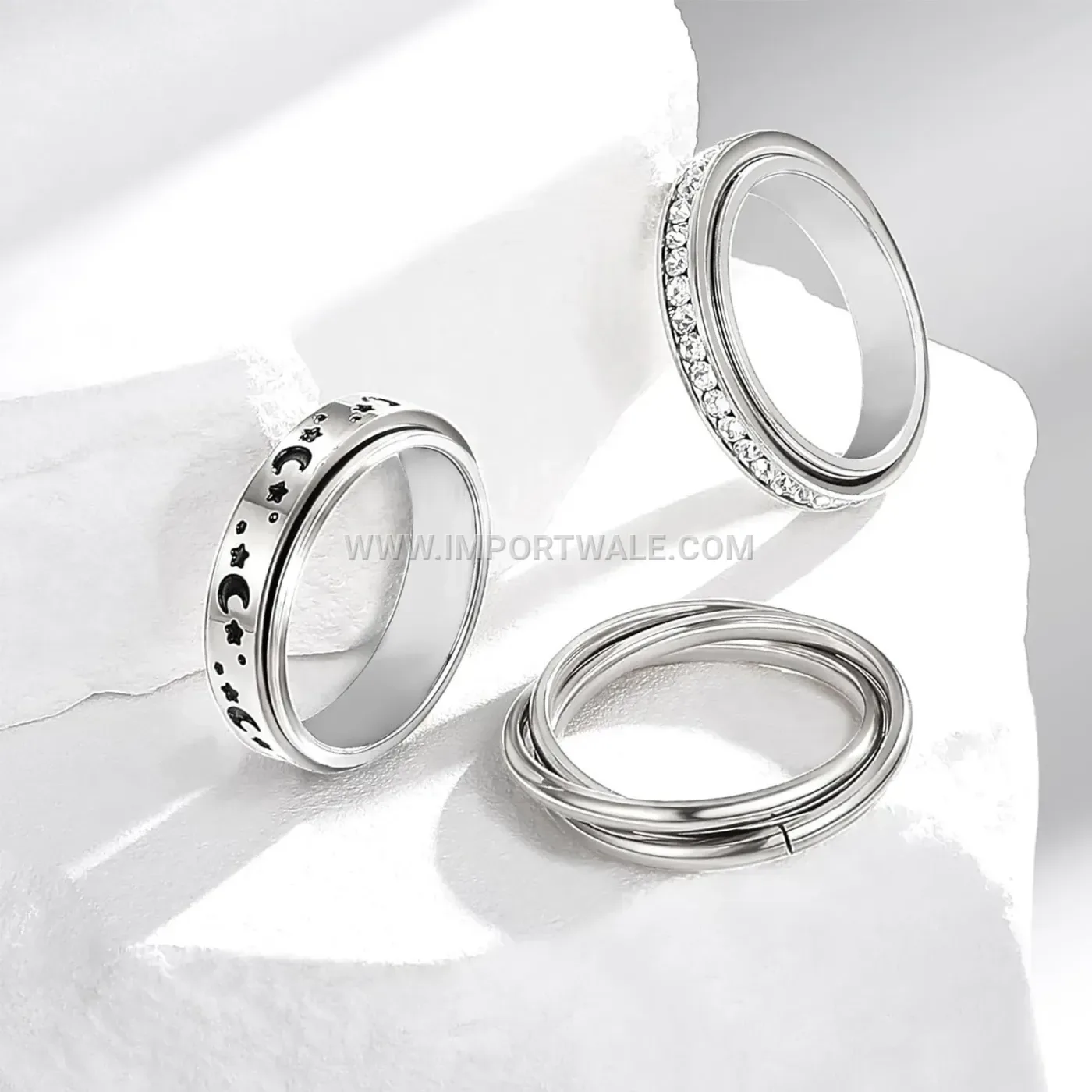 Spinner Stainless Steel Band Ring with Rhinestone Accents