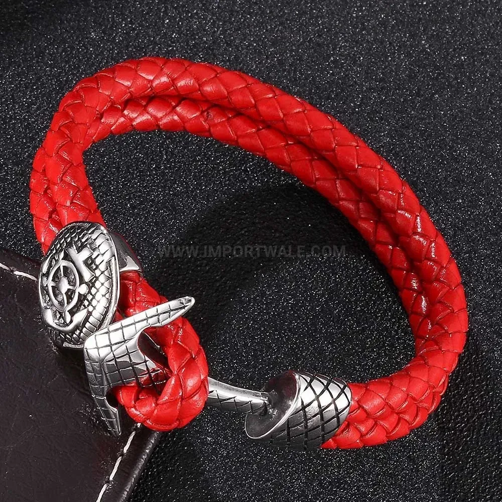 Red Vintage Leather Anchor Clasp Stainless Steel Wristband