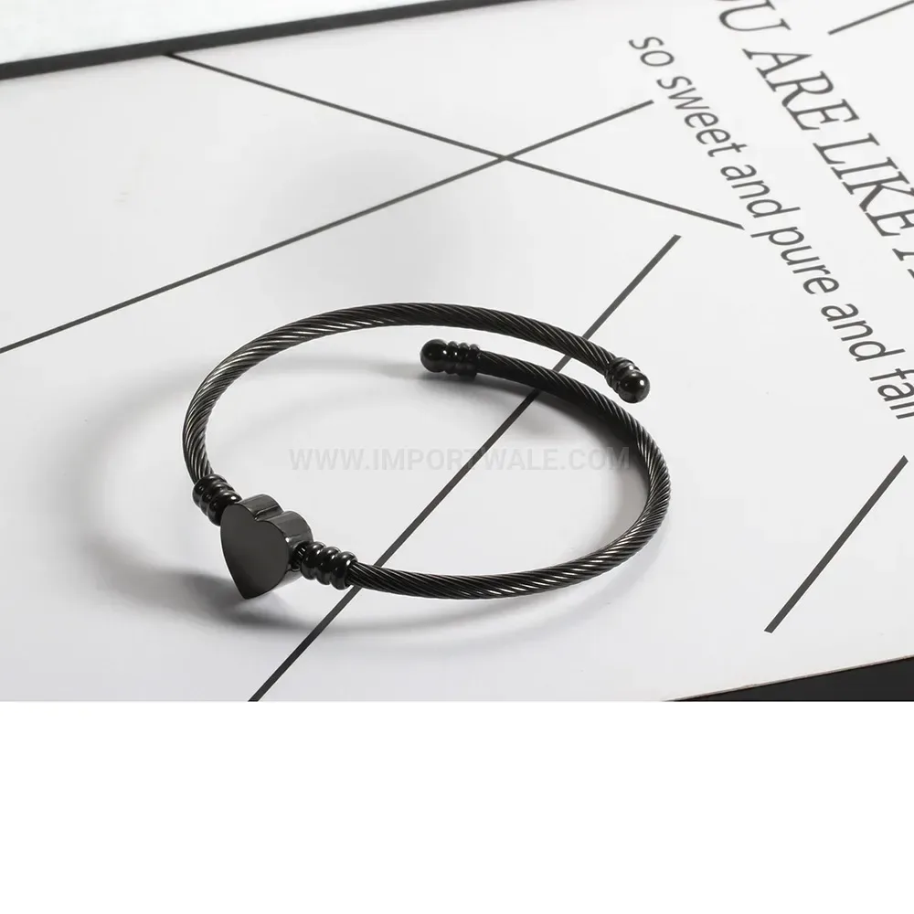 Chic Engraved Initial Black Heart Cable Wire Stainless Steel Bangle