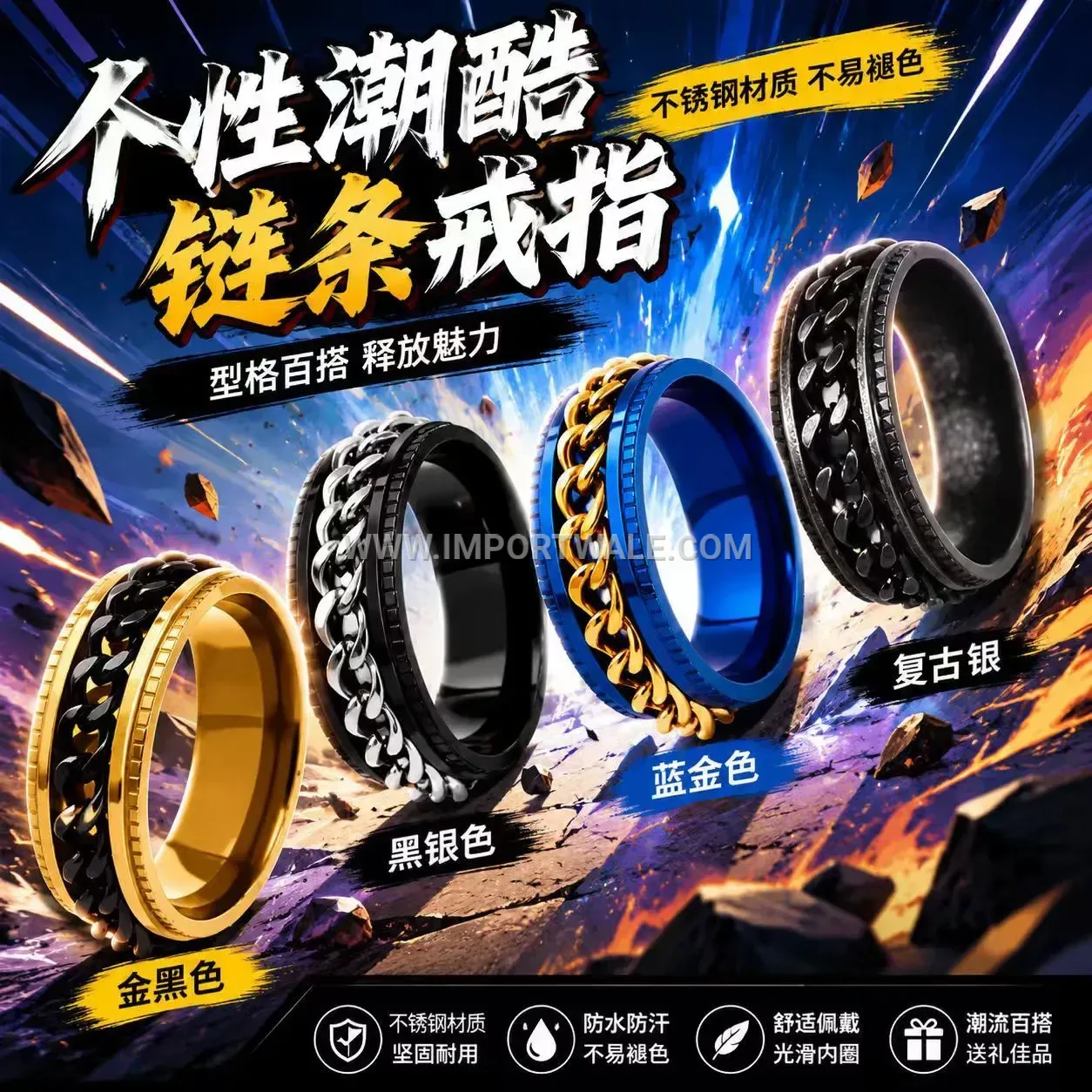 Spinning Center Chain Stainless Steel Band Ring