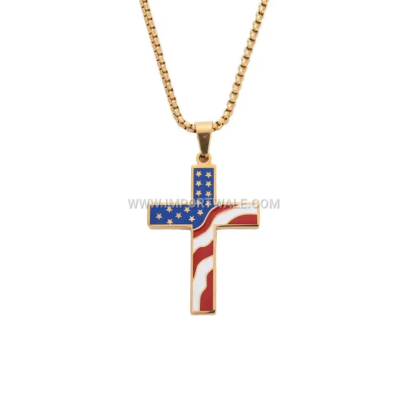 Stainless Steel Flag Cross Pendant Pearl Necklace