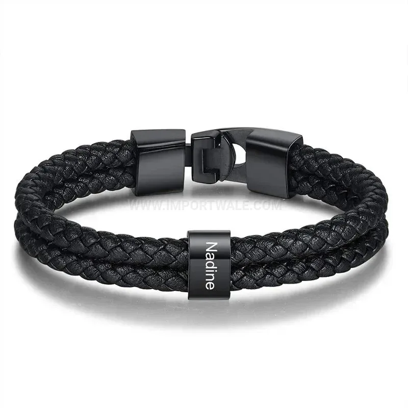 Chic Braided Leather Wristband with Custom Engraved Alloy Magnetic Clasp