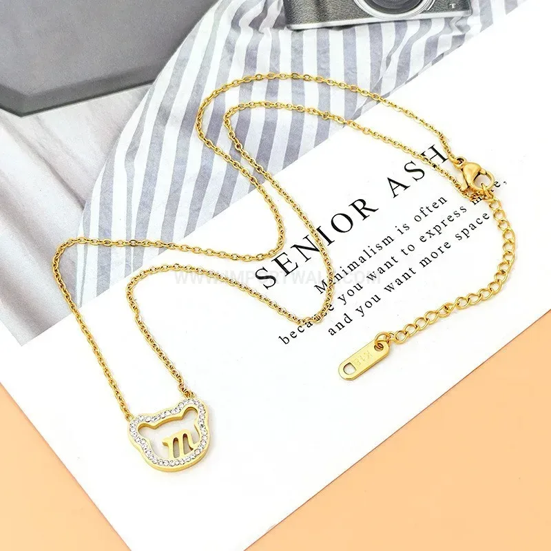 Stylish Gold Titanium Steel Bear Accent Zircon Pendant Necklace