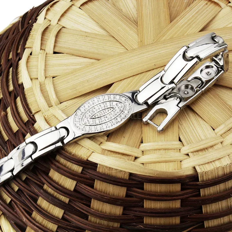 Designer Men Titanium Bio Magnetic Link Bracelet with Sparkling Rhinestones