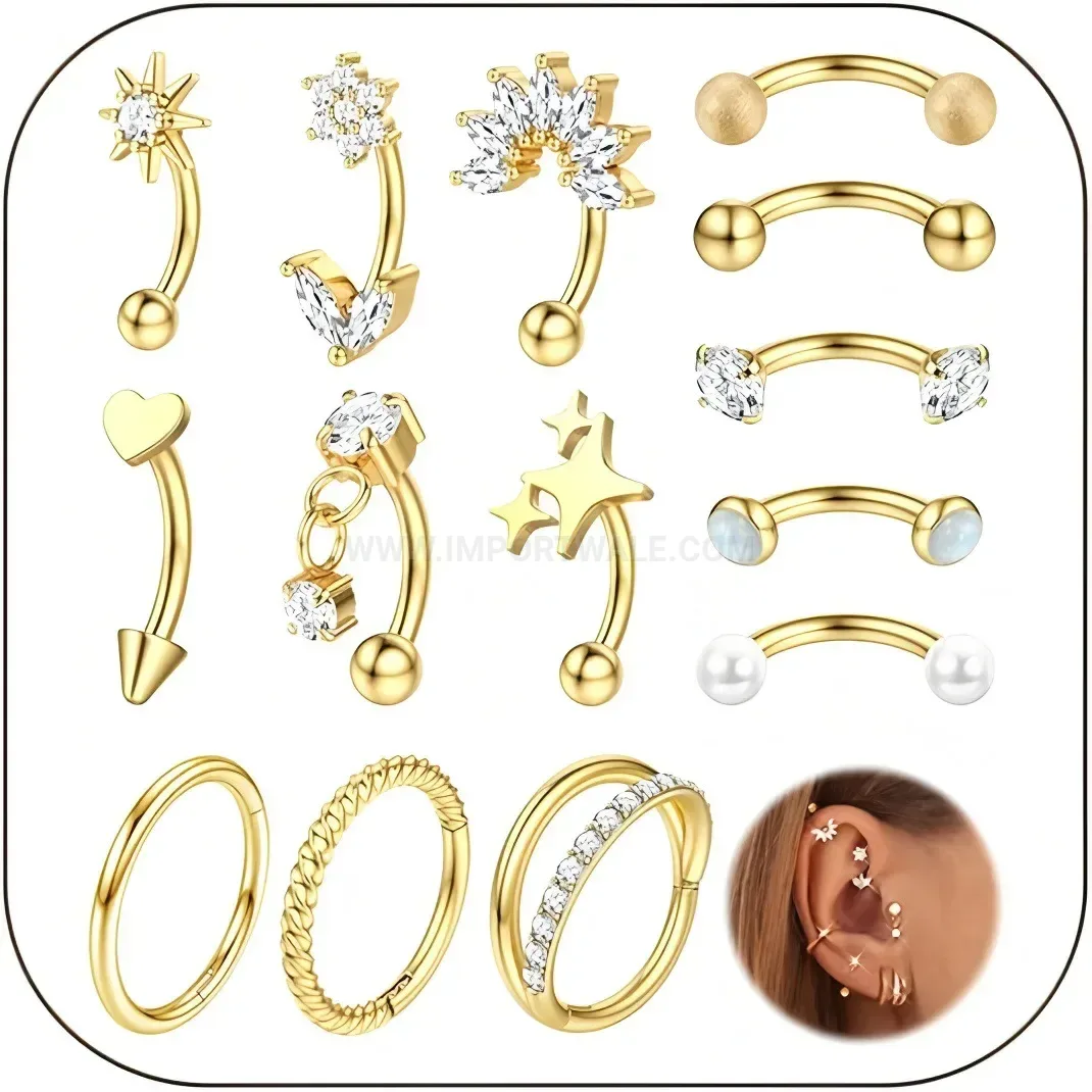 Trendy Stainless Steel Heart Curved Bar Piercing Ring Set