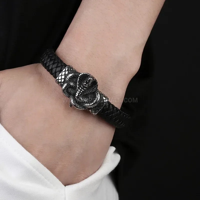 Modern Cobra Emblem Stainless Steel Genuine Leather Men Bracelet