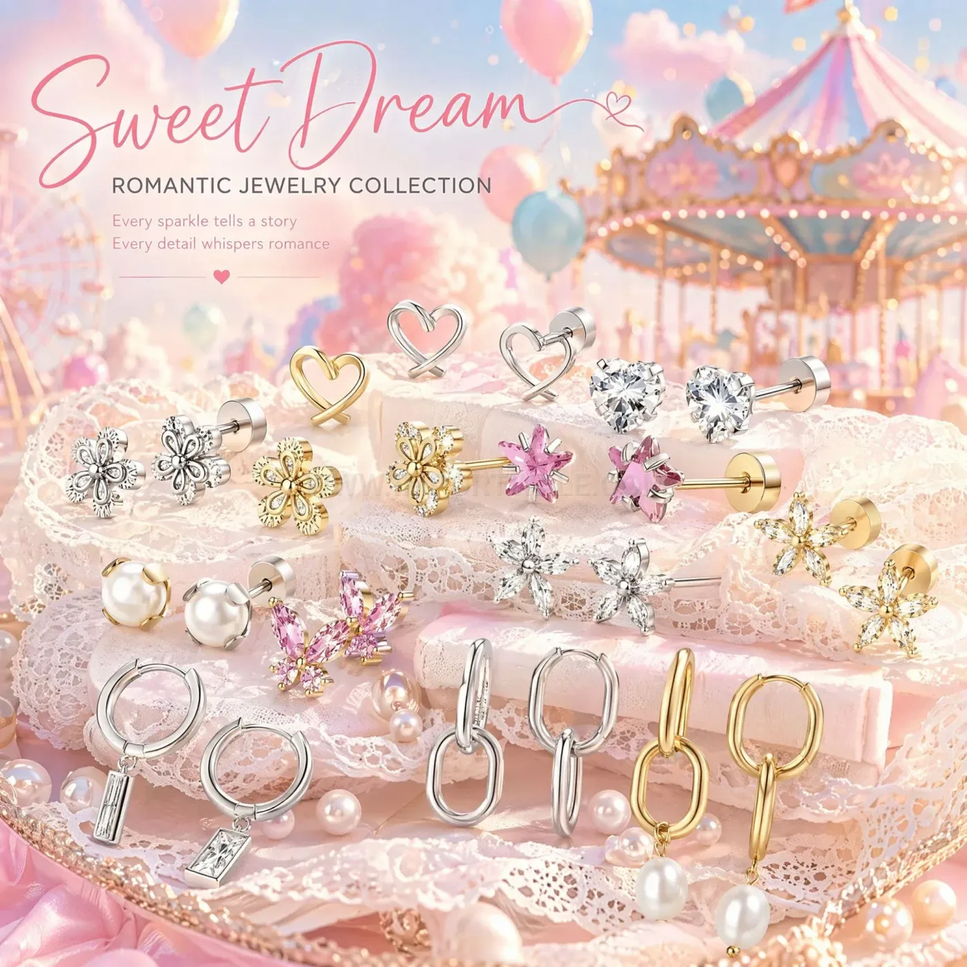 Chic Charming Stainless Steel Floral Heart Dangle Pearl Piercing Stud Set