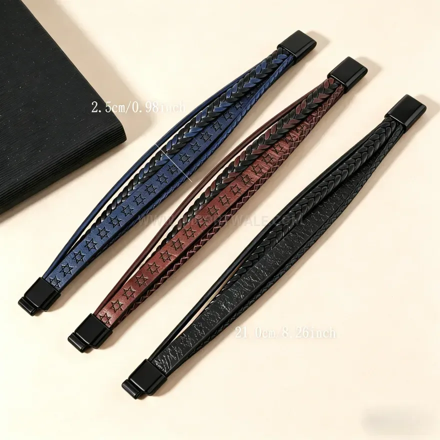 Chic Vintage Hexagram Woven PU Leather Bracelet with Magnetic Clasp