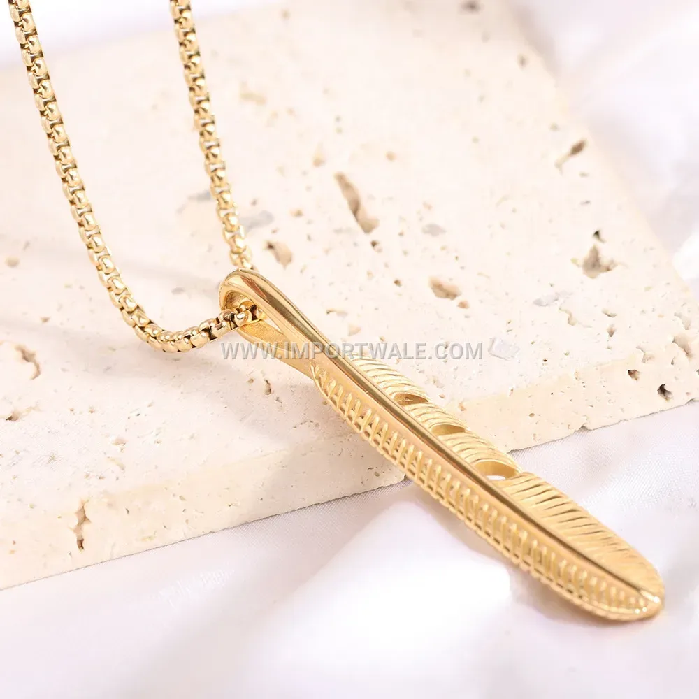 Bold Cast Stainless Steel Feather Pendant Necklace