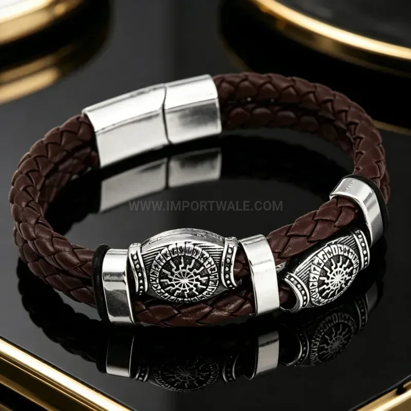 Designer Viking Sun Wheel Leather Bracelet with Magnetic Clasp