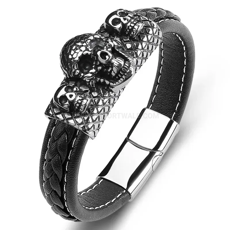 Fashion Bold Stainless Steel Skull Leather Men's Bracelet