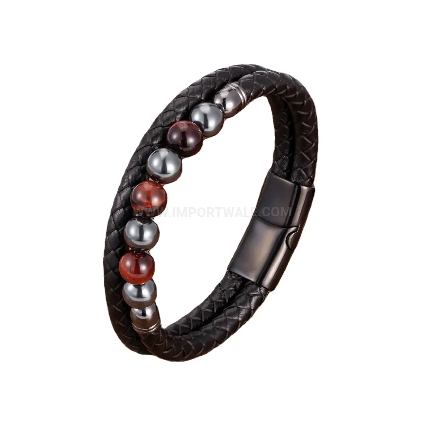 Beaded Stone Leather Combination Bracelet Stainless Steel Clasp