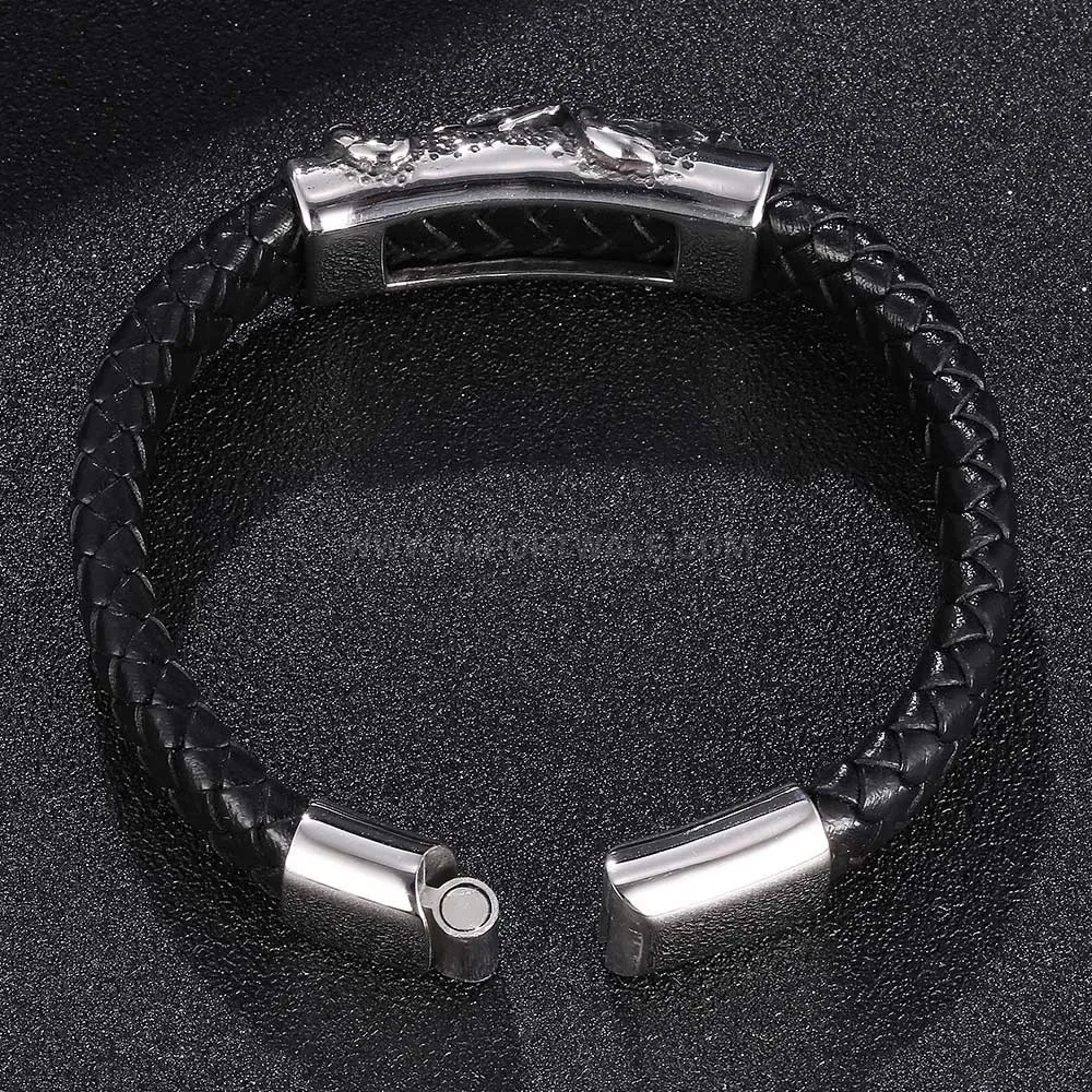 Black Leather Strap Bracelet with Stainless Steel Magnetic Scorpion Clasp