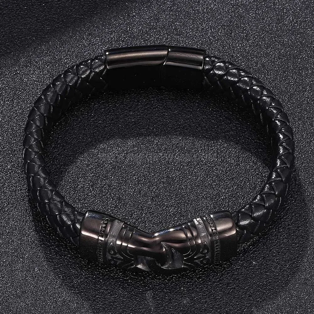 Handcrafted Black Braided Leather Bracelet With Black Stainless Steel