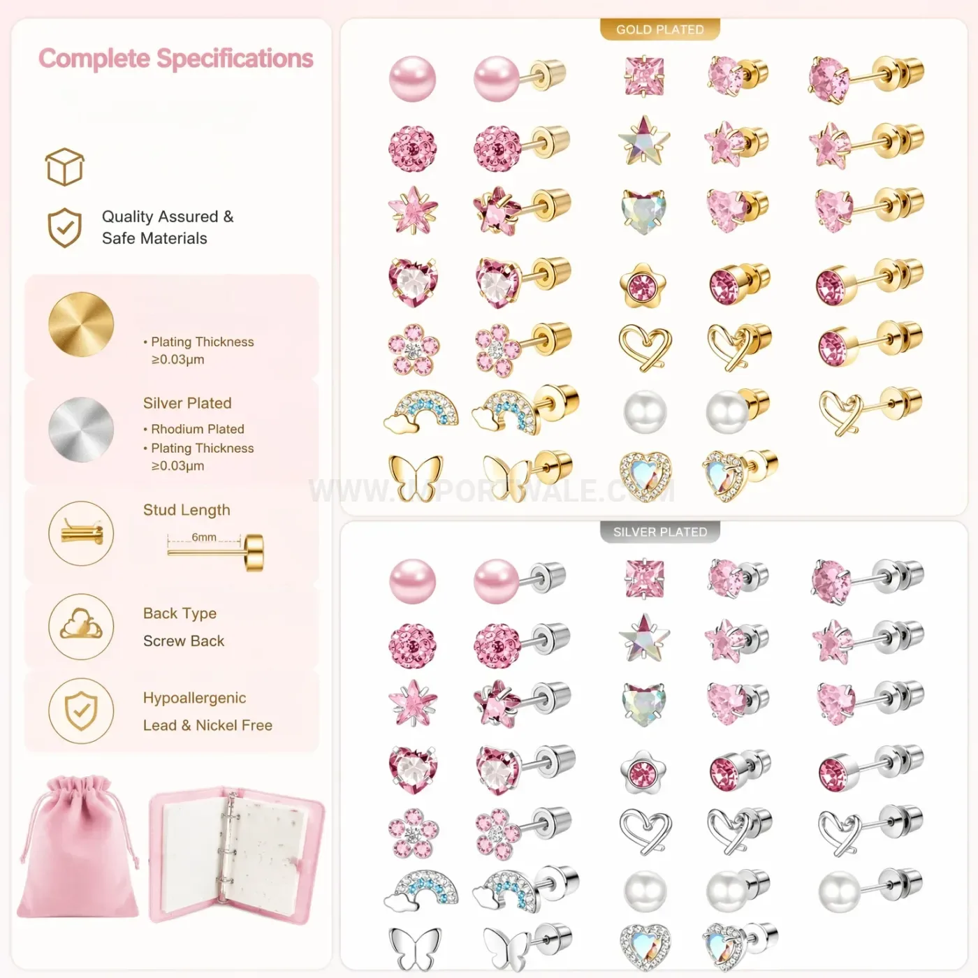 Elegant Pink Zircon Stainless Steel Threaded Cartilage Stud Piercing Set