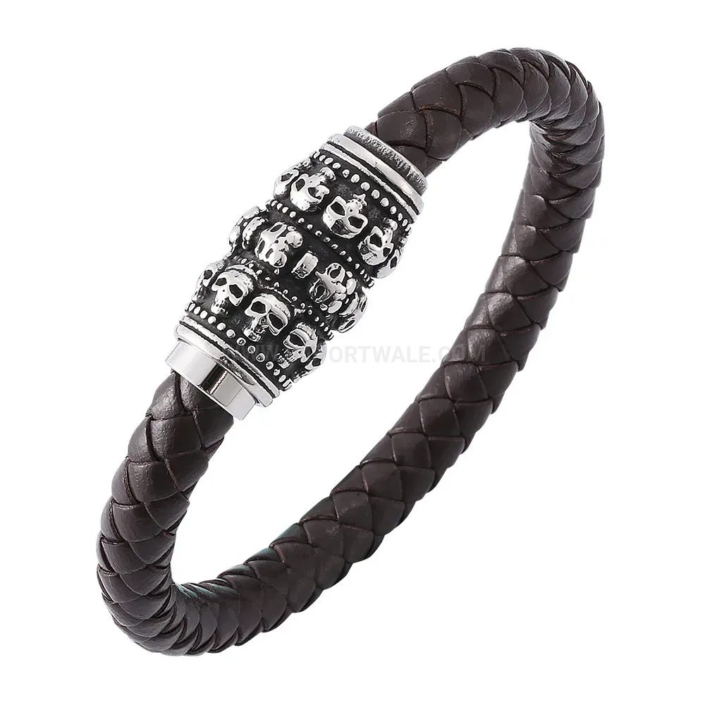 Classic Woven Leather Skull Bracelet with Stainless Steel Magnetic Clasp