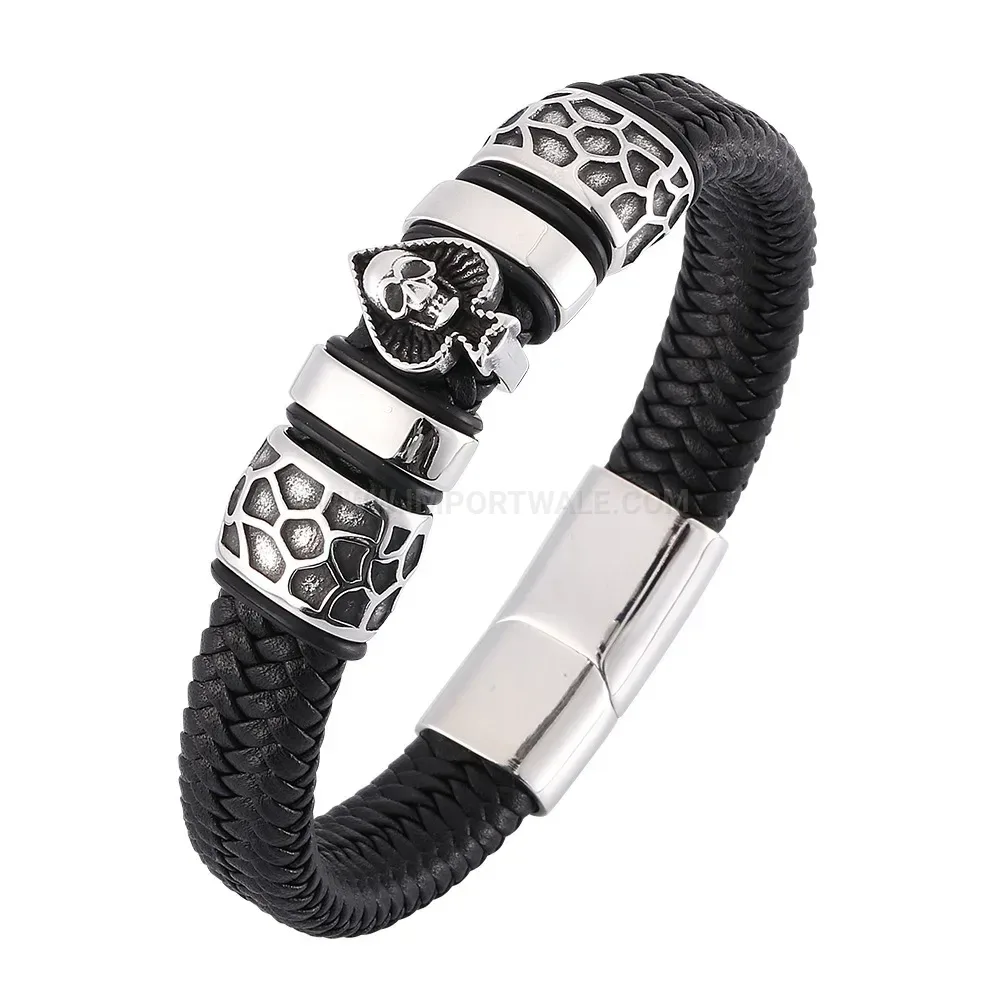 Fashion Punk Skull Ace of Hearts Stainless Steel Leather Charm Bracelet