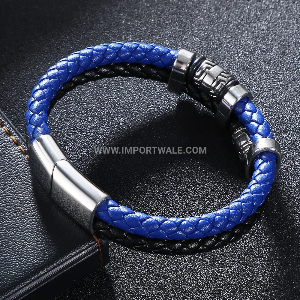 Two-Tone Woven Leather Bracelet with Stainless Steel Magnetic Clasp