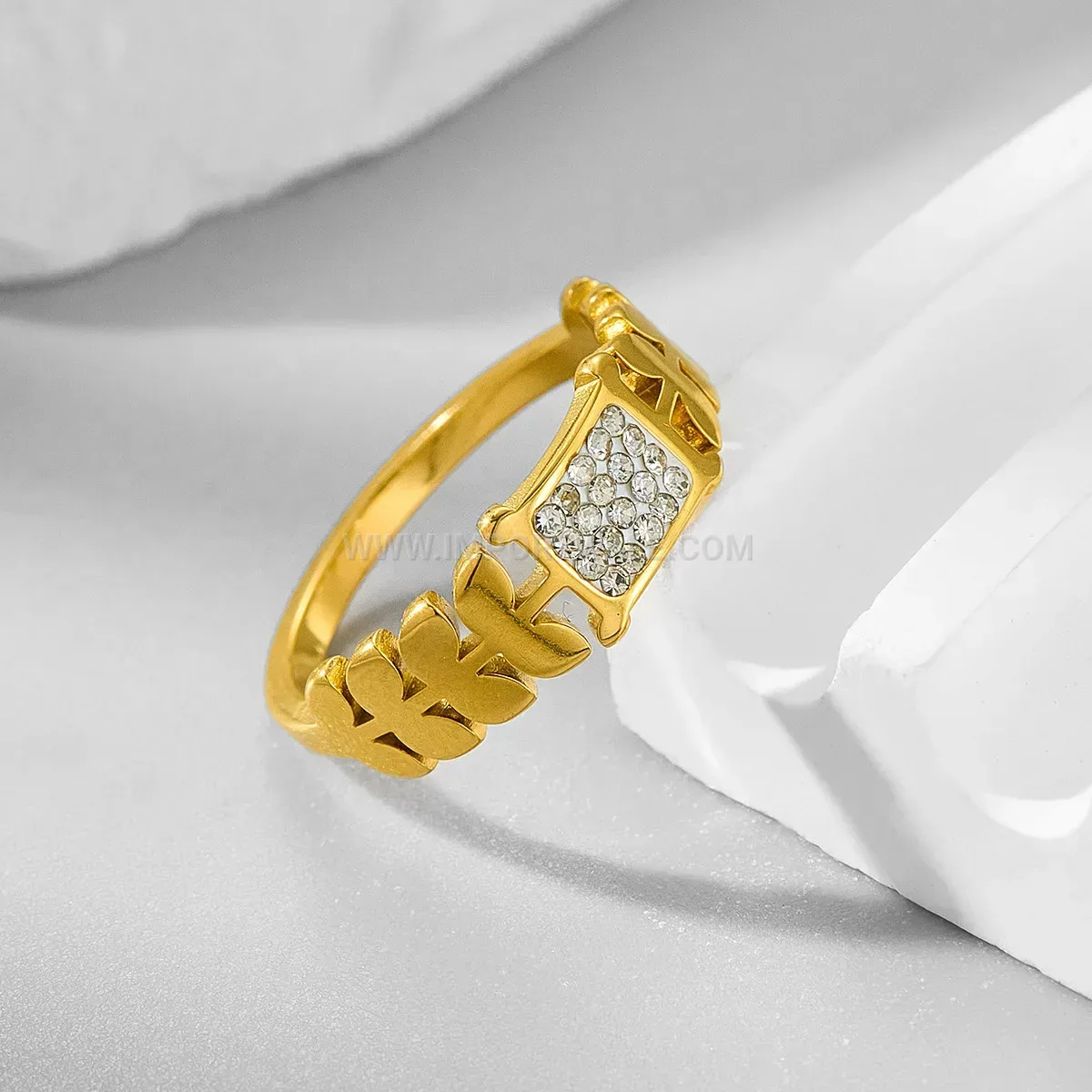18K Gold Plated Stainless Steel Wheat Spike Zircon Ring