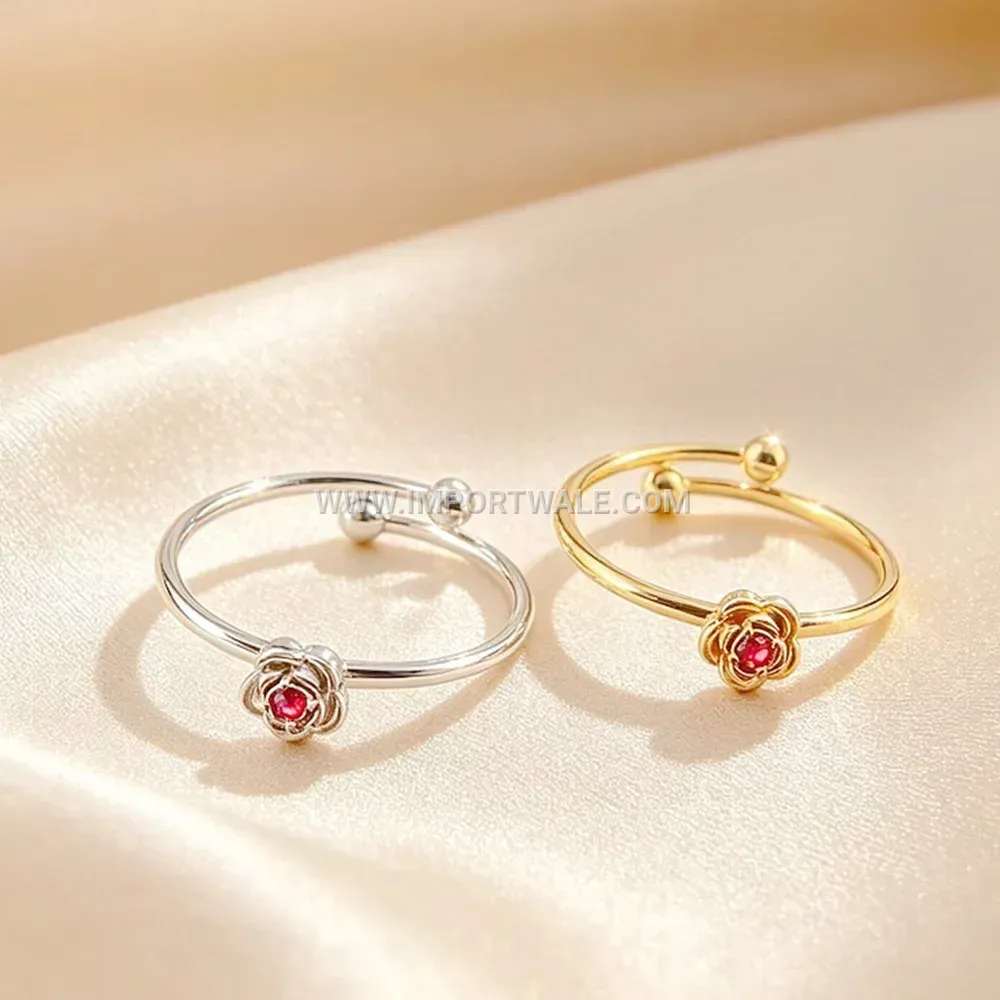 Rose Flower Rhinestone Open Stainless Steel Ring