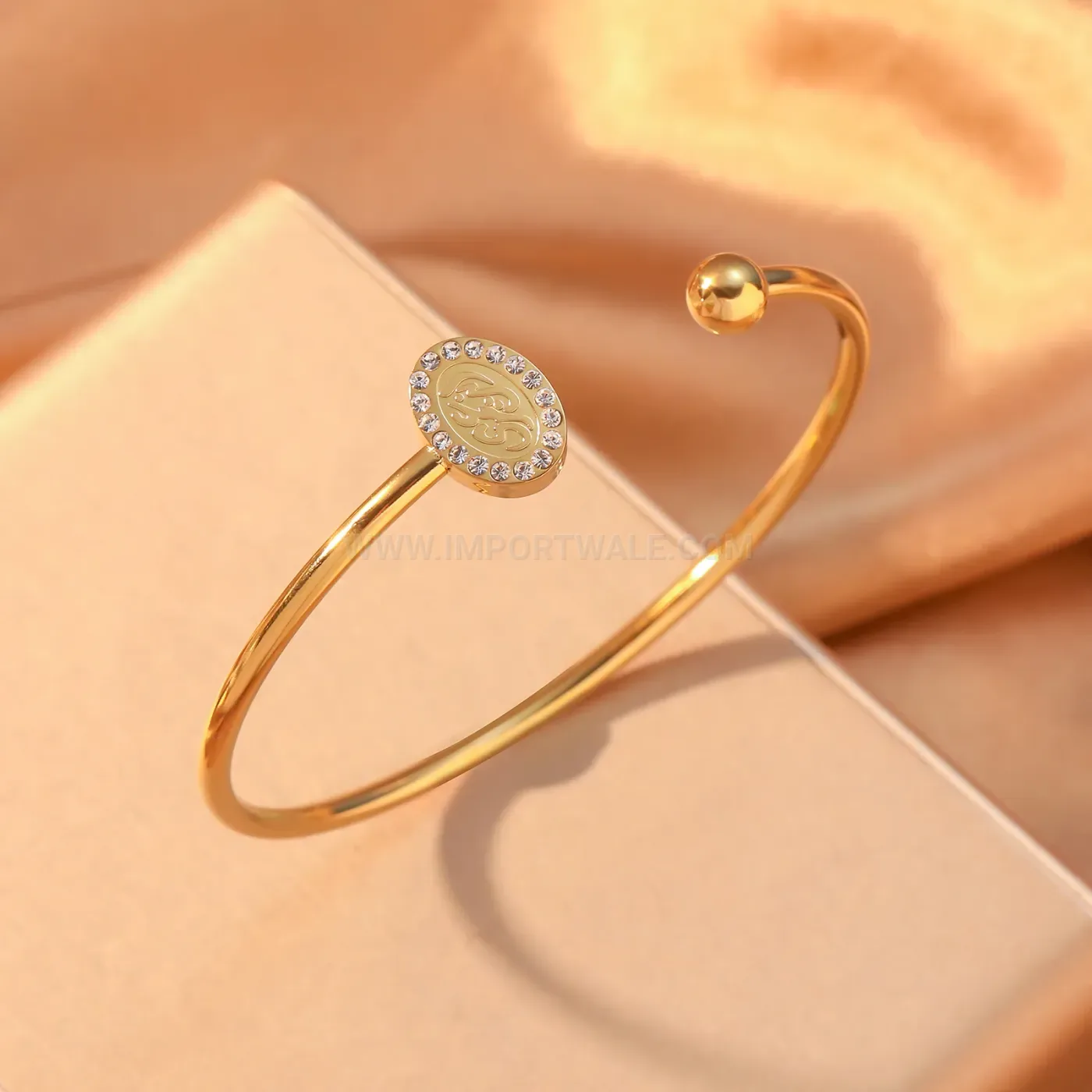 Stainless Steel Oval Medallion Crystal Islamic Cuff Bangle