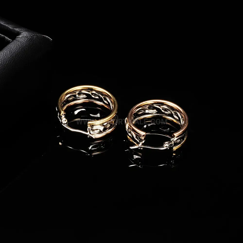 Chic Two-Tone Textured Cutout Stainless Steel Hoop Earrings