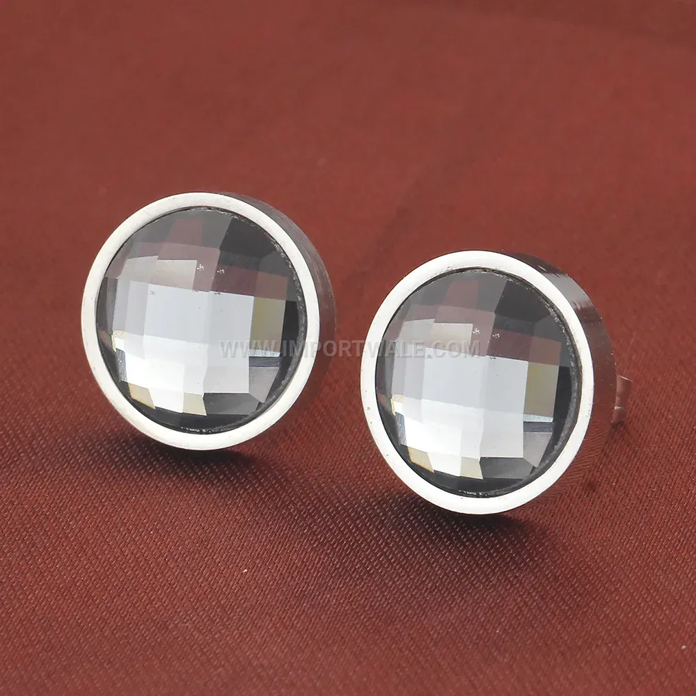 Faceted Round Glass Stainless Steel Stud Earrings