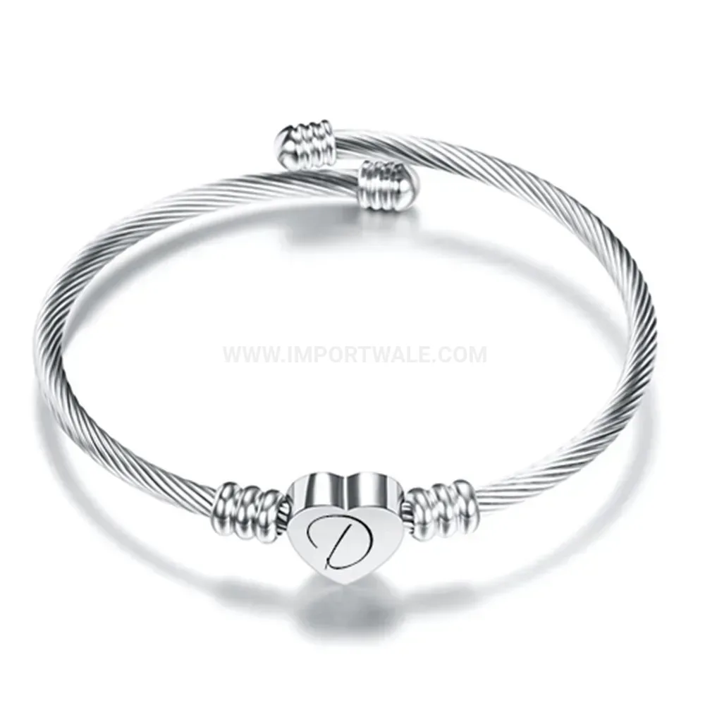 Elegant Engraved Initial Heart Charm Stainless Steel Cable Wire Bangle