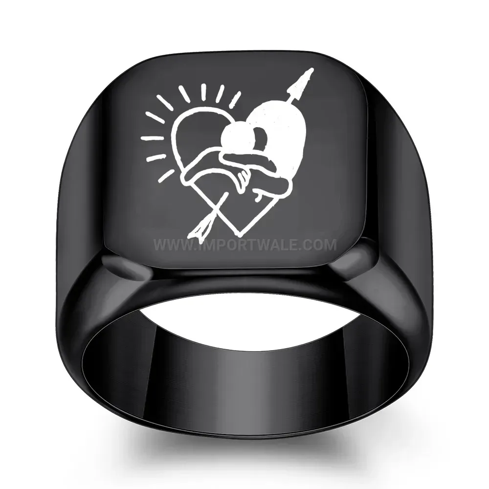 Bold Arrow Heart Engraved Stainless Steel Square Band Ring