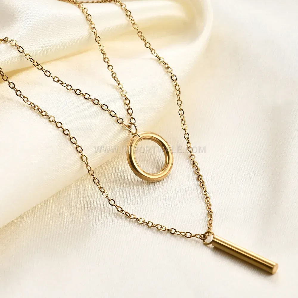 Double Layer Metal Ring Stainless Steel Bar Pendant Necklace