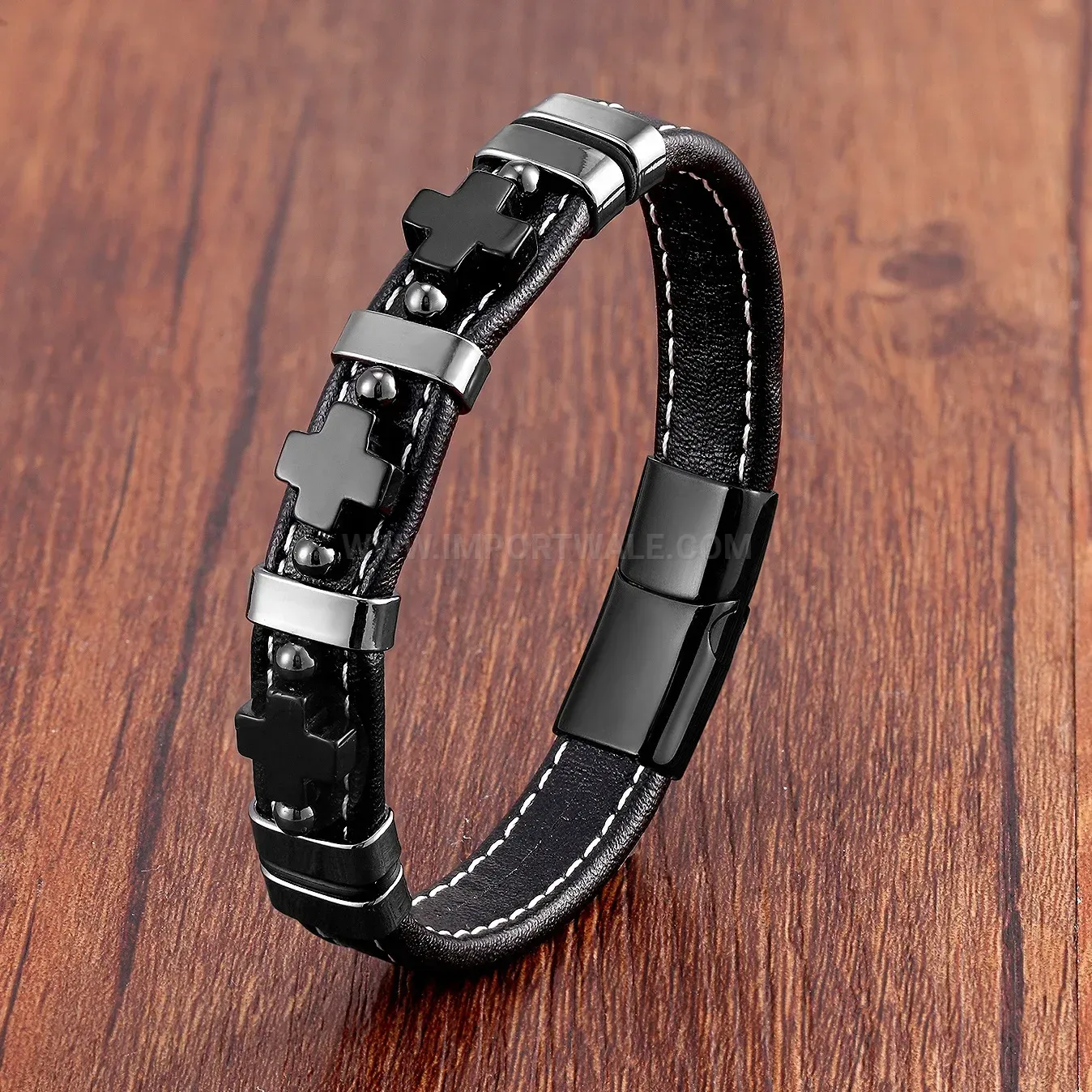 Vintage Leather Cross Stone Men's Stainless Steel Bracelet