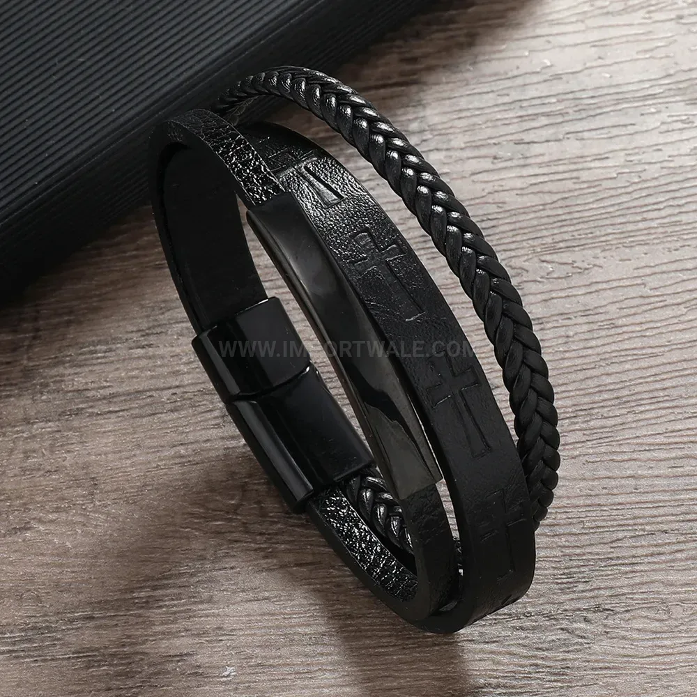 Fashion Retro Textured Double Strand Braided Leather Wristband For Men