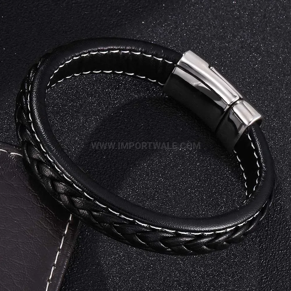 Contemporary Black Leather Band Bracelet with Stainless Steel Magnetic Clasp