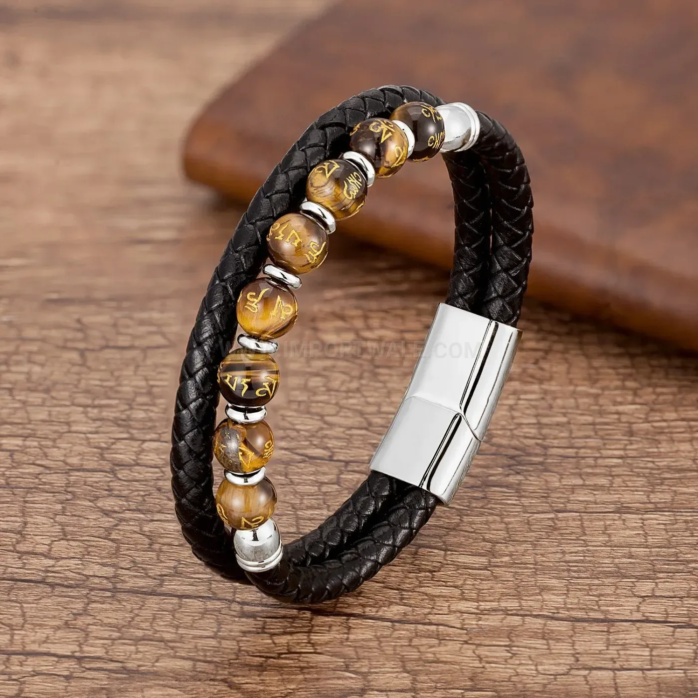 Vintage Beaded Leather Bracelet with Stainless Steel Magnetic Clasp