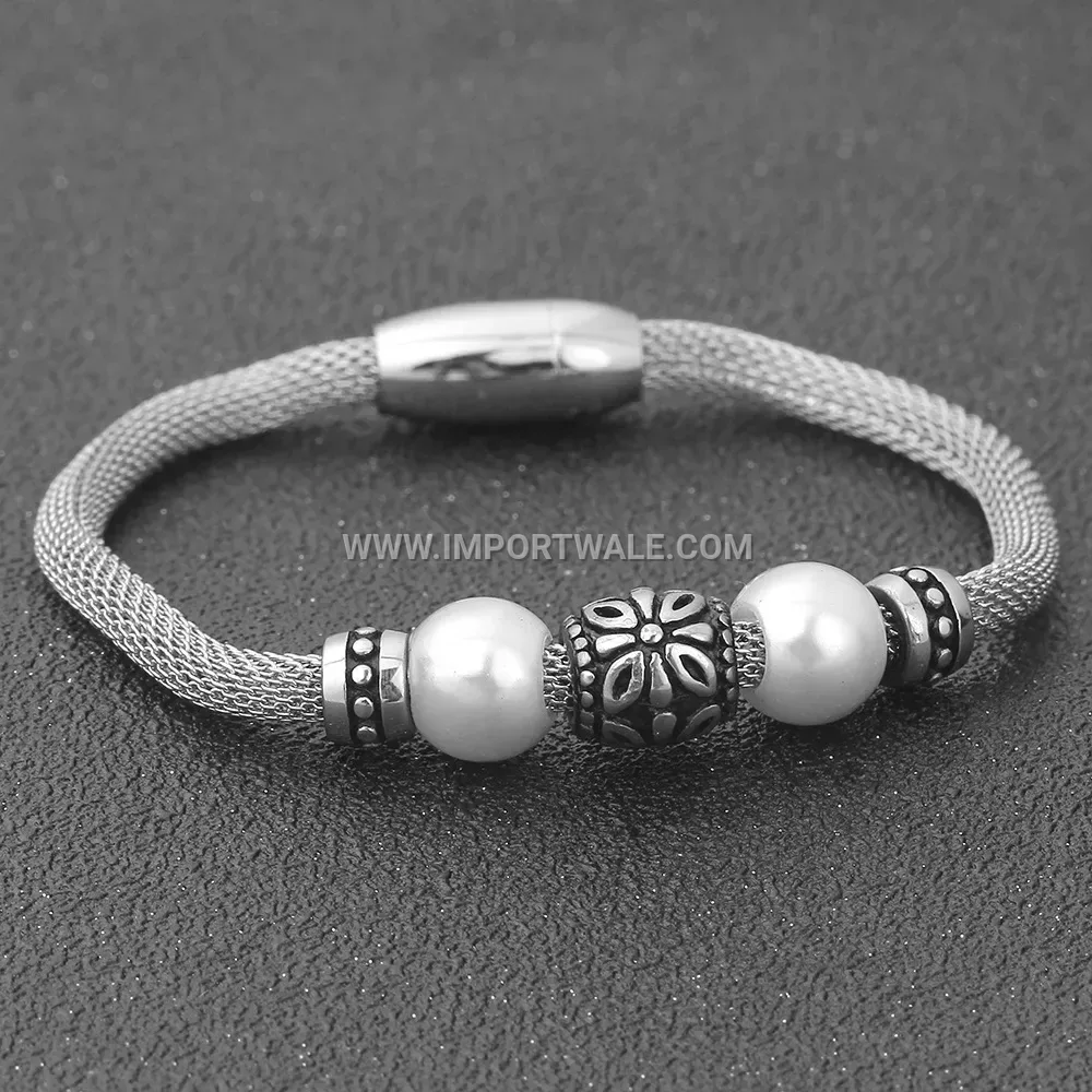 Stainless Steel Mesh Chain Pearl Accent Bracelet