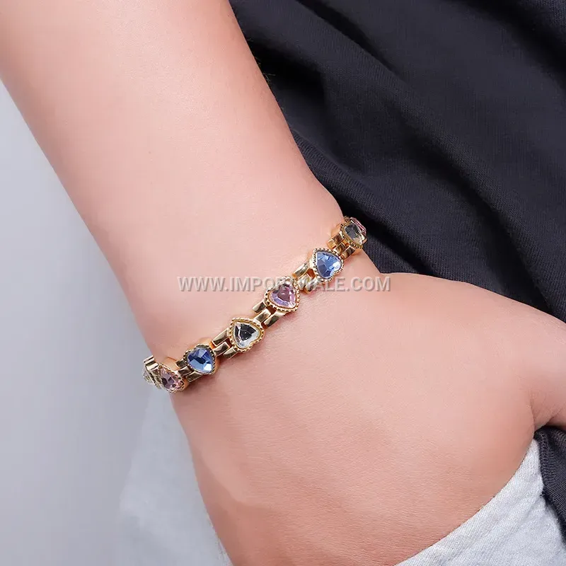 Heart-Charmed Stainless Steel Magnetic Bracelet with Crystal Accents