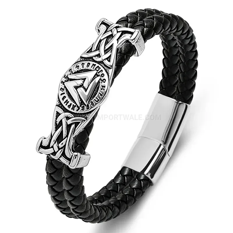 Trendy Geometric Engraved Triangle Stainless Steel Two-Tone Leather Bracelet
