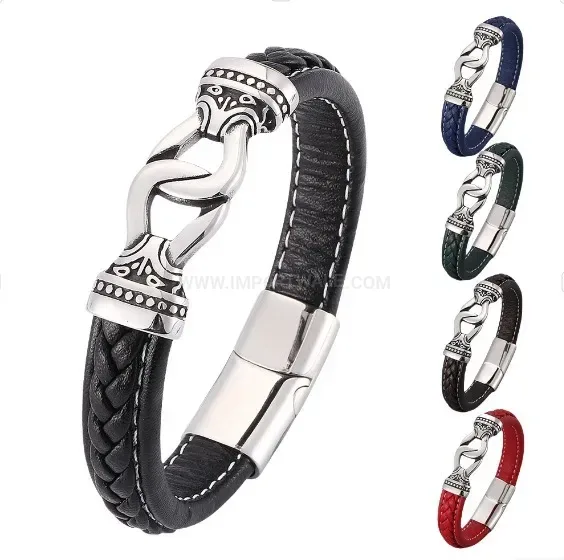 Elegant Vintage Totem Stitched Leather Stainless Steel Bracelet
