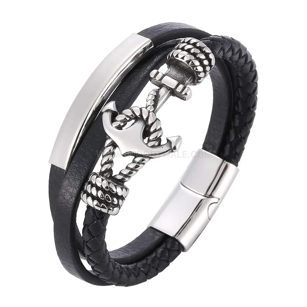 Braided Leather Anchor Stainless Steel Multi Strand Bracelet