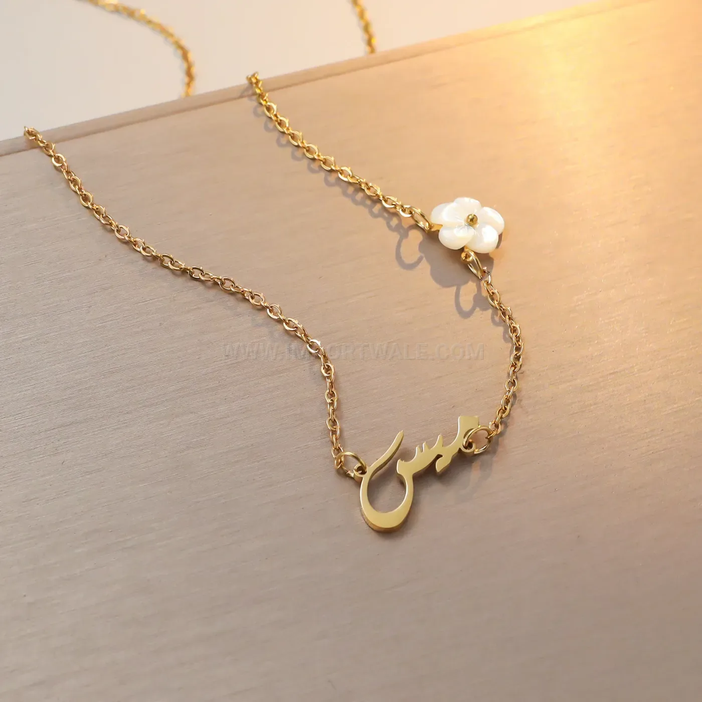 Gold Plated Stainless Steel Arabic Calligraphy Flower Shell Pendant Necklace