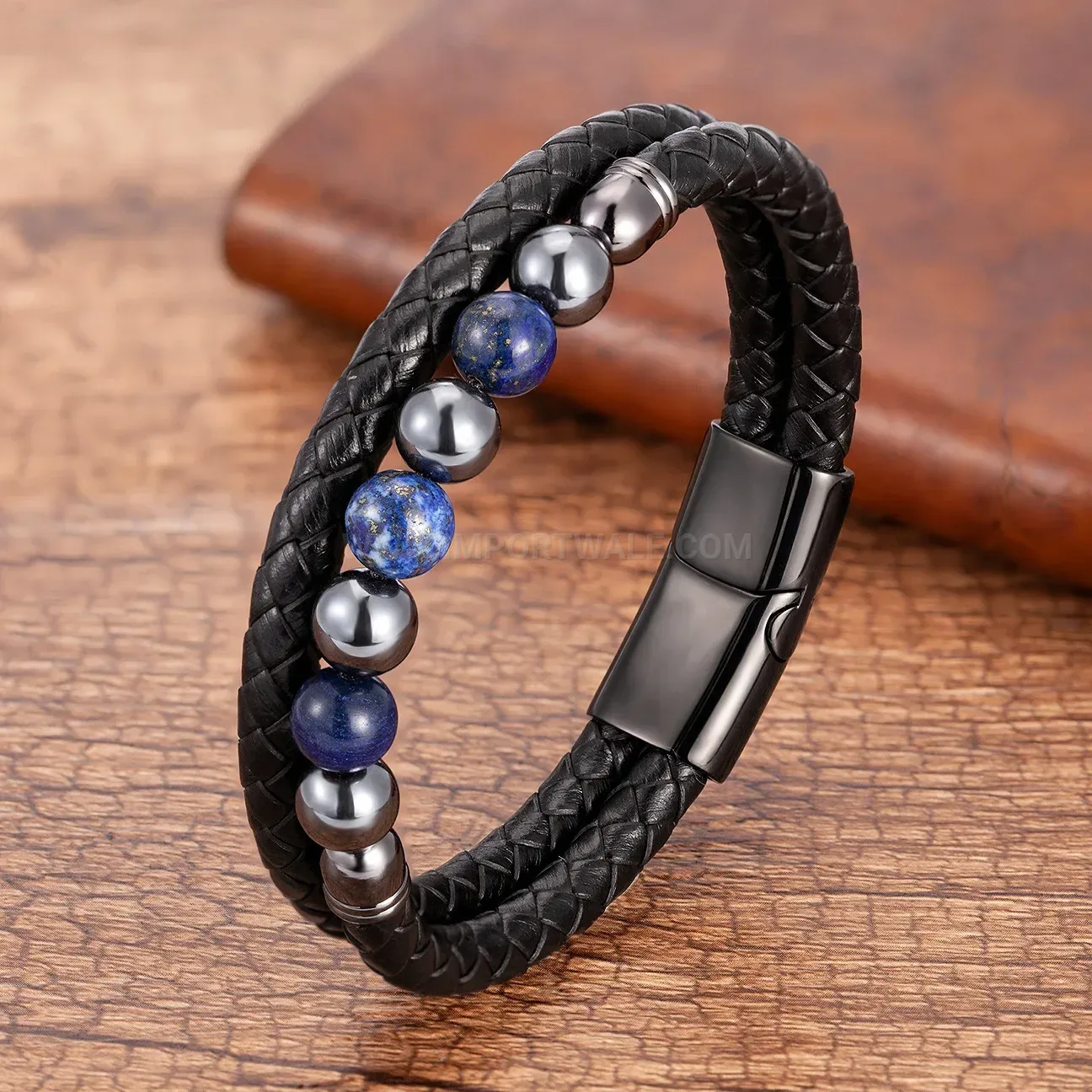 Vintage Handwoven Beaded Leather Bracelet with Steel Clasp