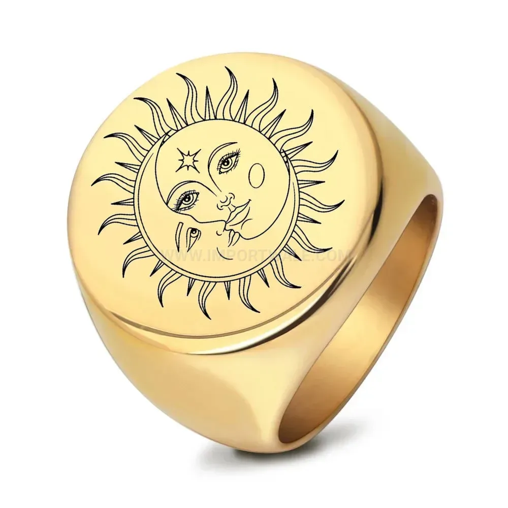 Fashion Engraved Sun Moon Stainless Steel Signet Ring