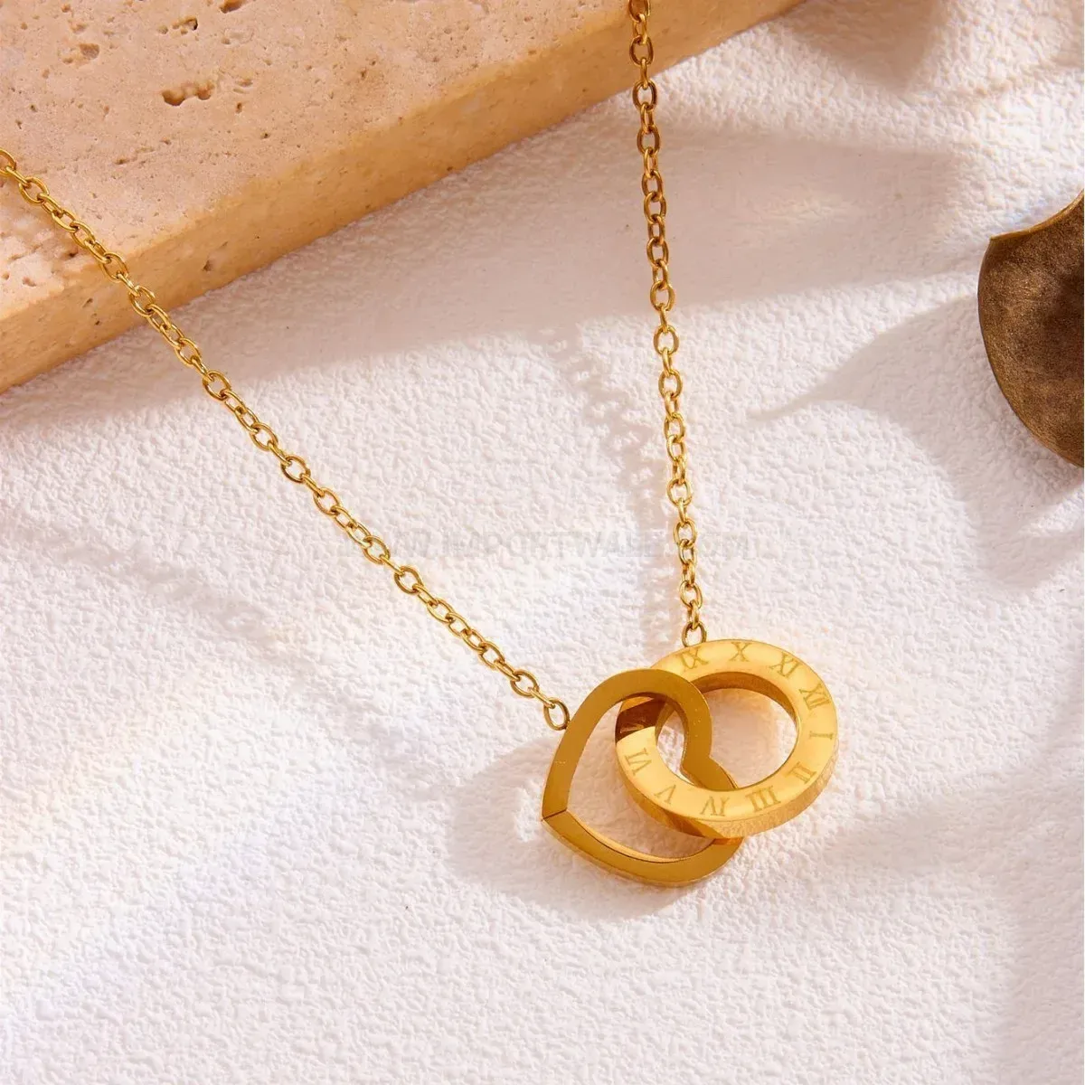 Trendy Titanium Steel Heart and Roman Numeral Ring Pendant Necklace
