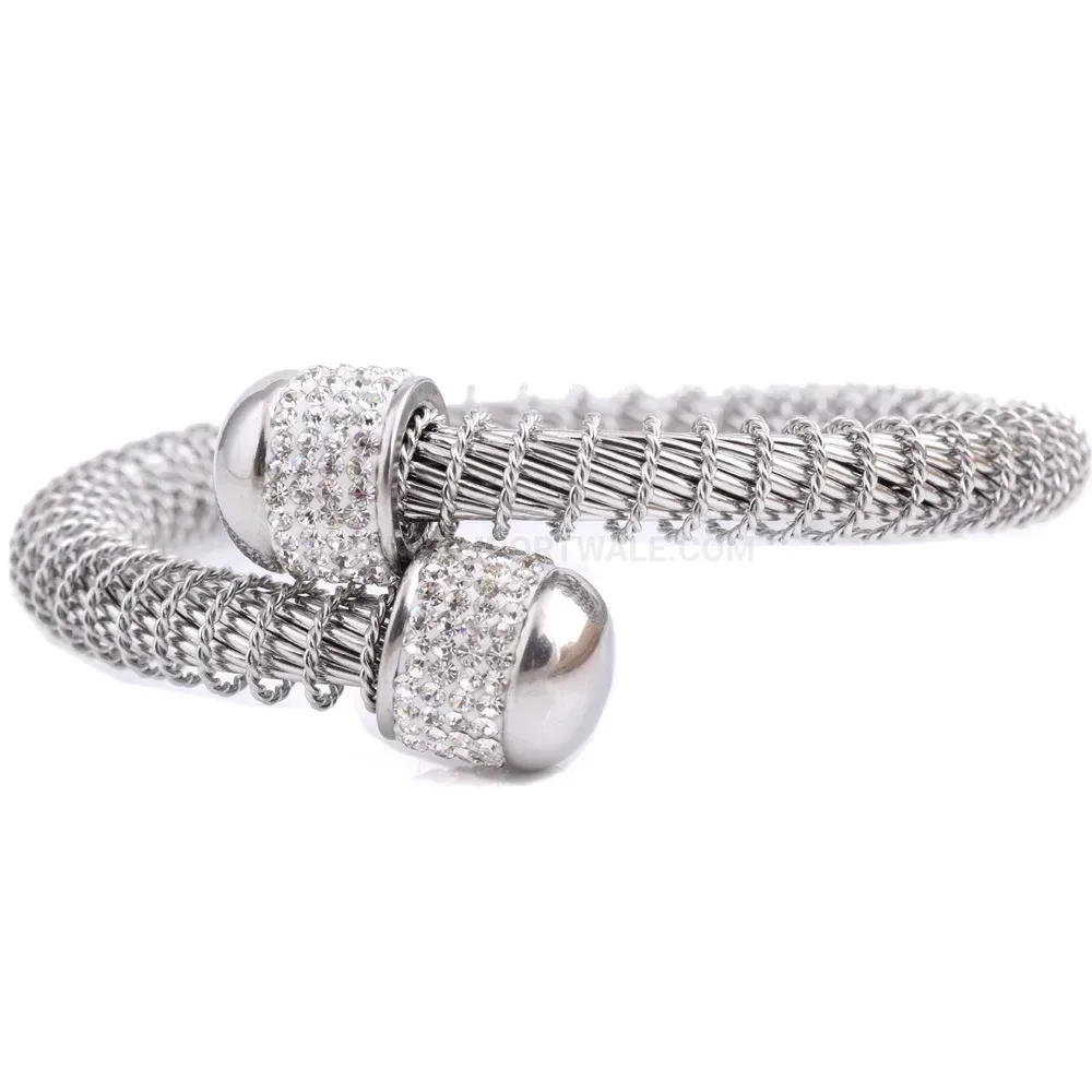 Rhinestone Embedded Stainless Steel Mesh Spring Bangle