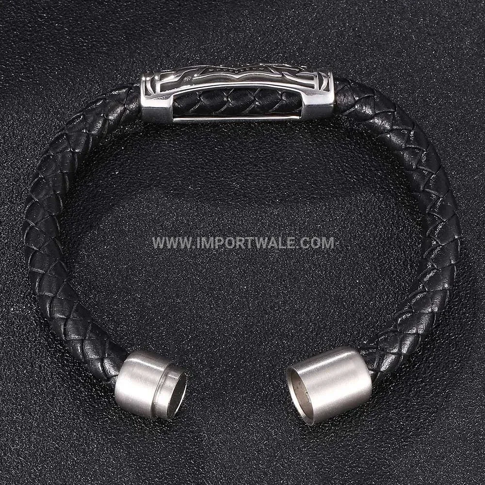 Retro Black Braided Leather Stainless Steel Men's Wristband Bracelet